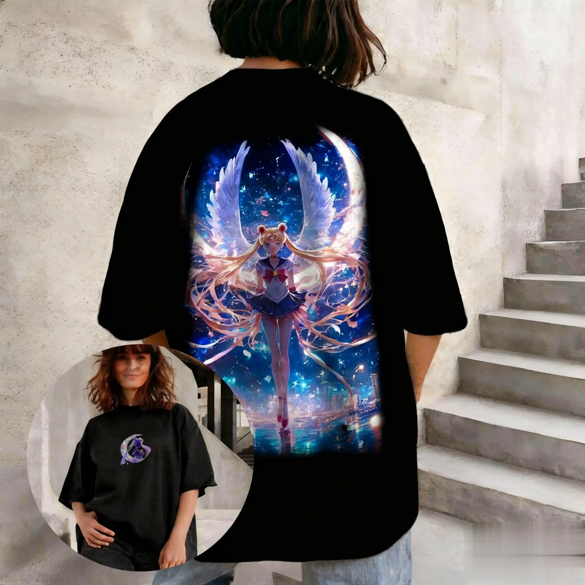 بحار القمر أنيمي تي شيرت مطبوع الرجال النساء المتضخم خمر الصيف عادية القطن قصير الأكمام الشارع الشهير الجرافيك المحملة Y2k الملابس