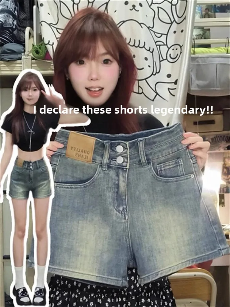 Retro Double Buckle High Waist Denim Shorts Women's Summer New plus Size Flattering All-Match Bodycon Hot Pants Casual Wear