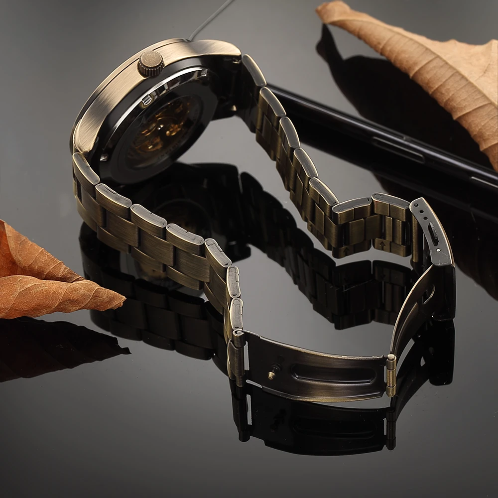 SHENHUA Reloj de pulsera mecánico automático Vintage de bronce para hombre, reloj deportivo de esqueleto transparente resistente al agua de acero inoxidable