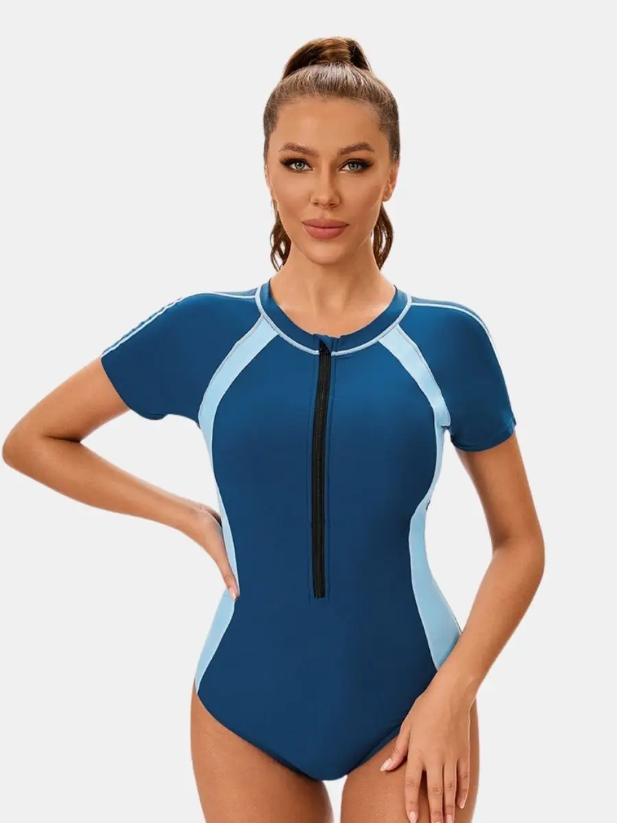 

Front Zip Short Sleeve Bathing Suit Professional Training Swimwear Athletic One-piece Women Sports Swimsuit