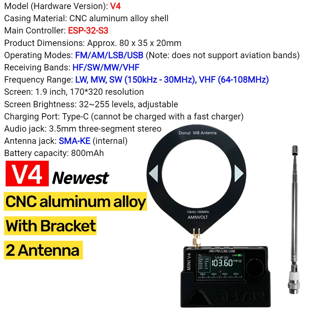 AMNVOLT V4/V3S ATS MINI SI4732 Radio ALL Band DSP Radio FM AM SSB LSB USB-ontvanger, ingebouwd Hi-Z hoofdtelefoonversterkercircuit