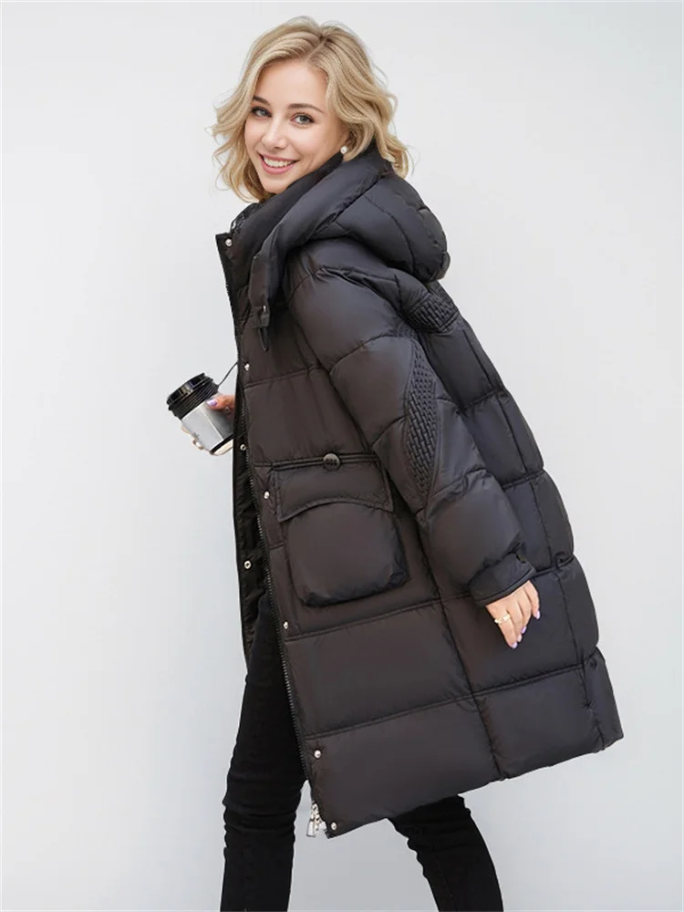 Oversize Woman Down Jacket Winter Long Coat 2024 New Hooded Big Pockets Thick Zipper Coat Woman Winter Overcoat