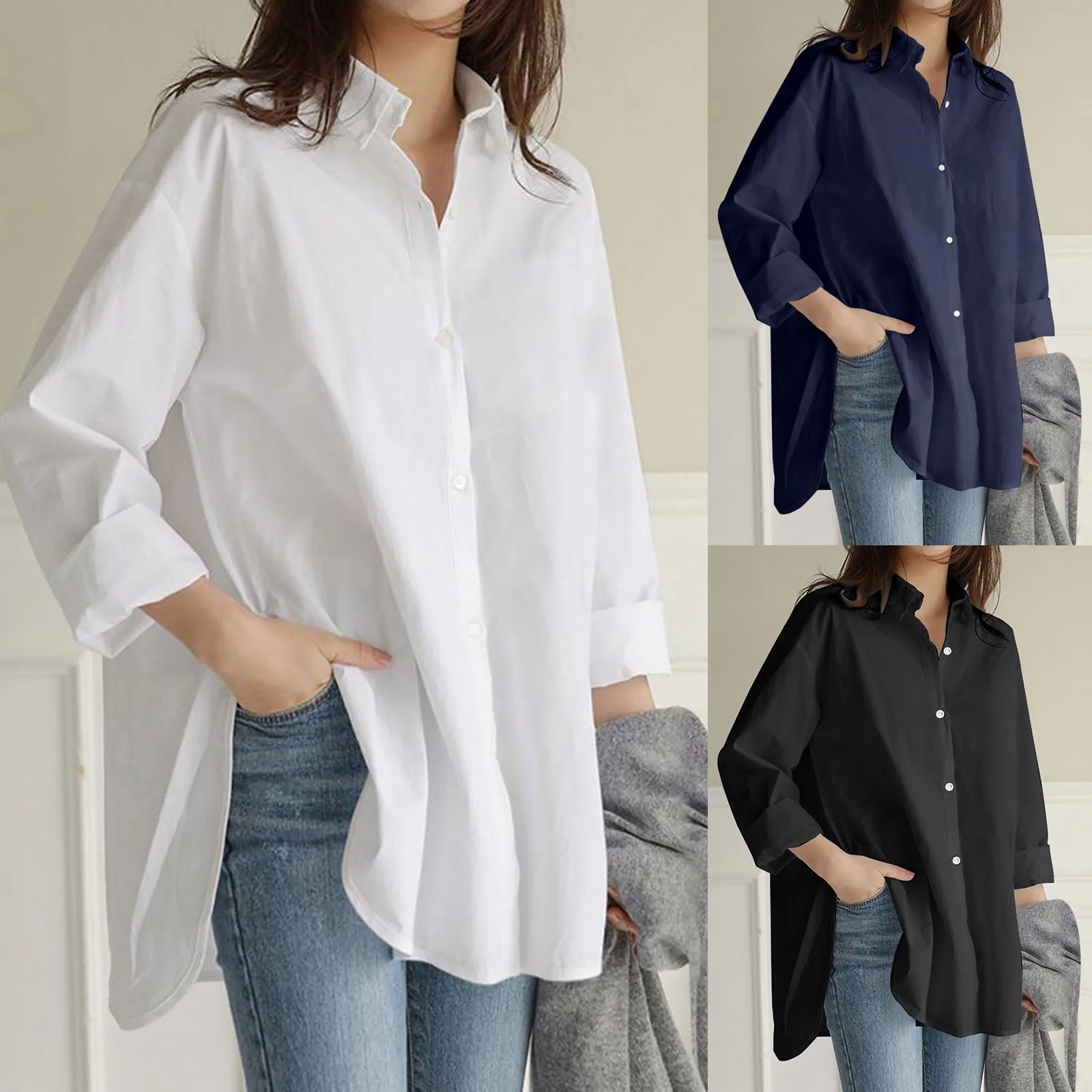 Fashion Casual Women Long Blouse WIth Buttons Oversize Loose V-Neck Long Sleeve Solid Shirts Office Ladies Elegant Business Tops