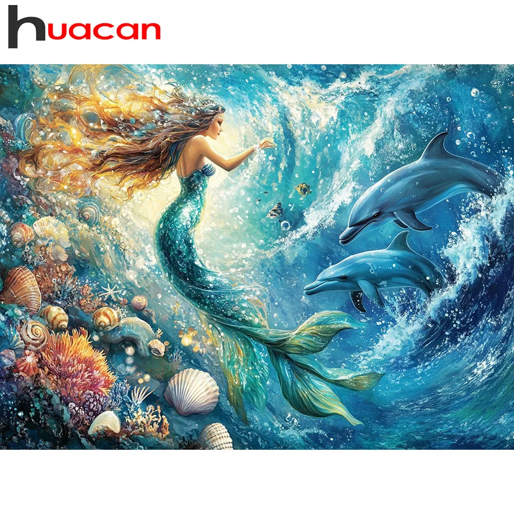 Huacan Meerjungfrau-Delfin-Diamantgemälde, Unterwassertiere, neu, 2026, voller Platz, runder Bohrer, Wanddekoration, handgefertigtes Geschenk