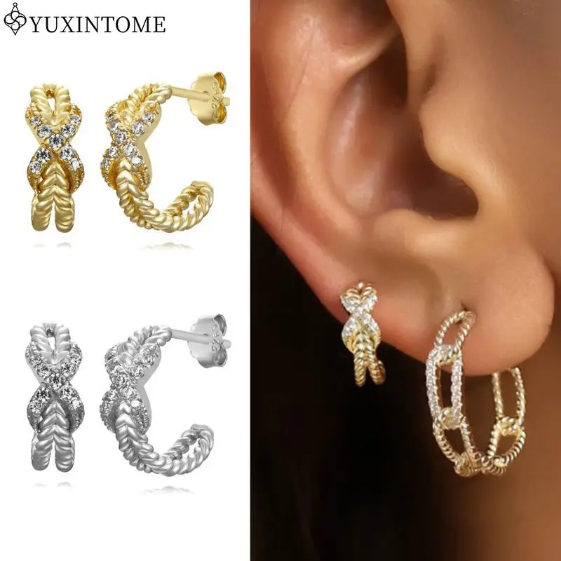 

NEW 925 Sterling Silver Ear Needle Threaded Cross Zircon Studs Earrings Retro C Shape Earrings For Women Fashion Wedding Jewelry