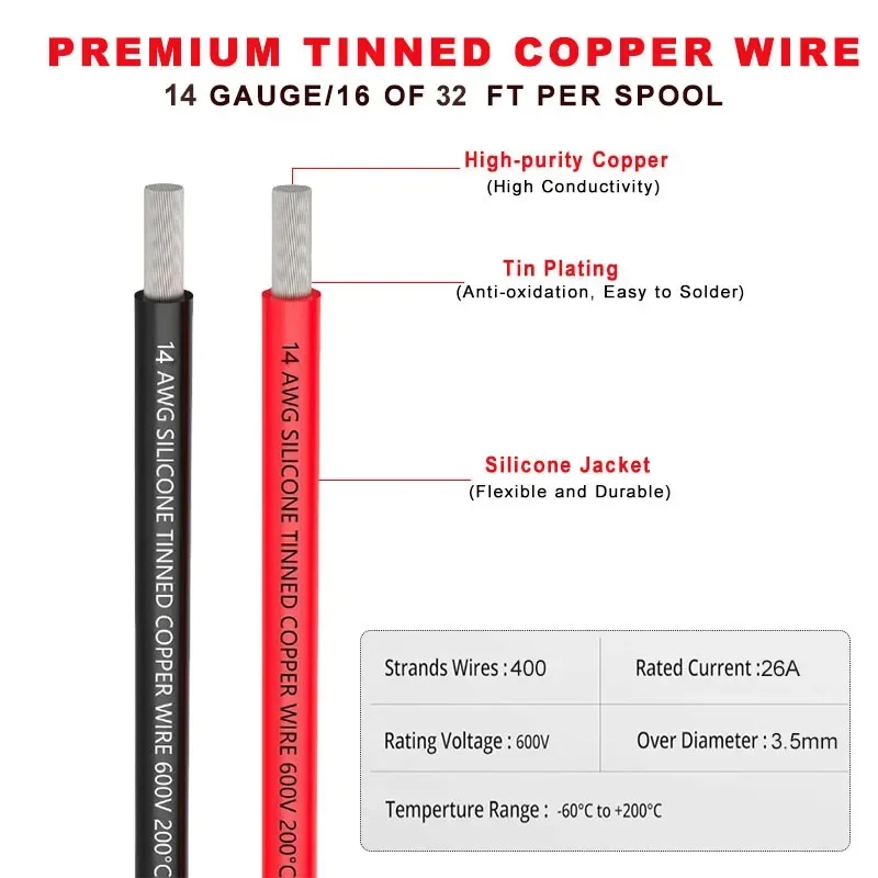 14awg silicone wire red black 14 gauge connecting spool stranded tin-copper wire flexible soft high temperature resistant 200 °C