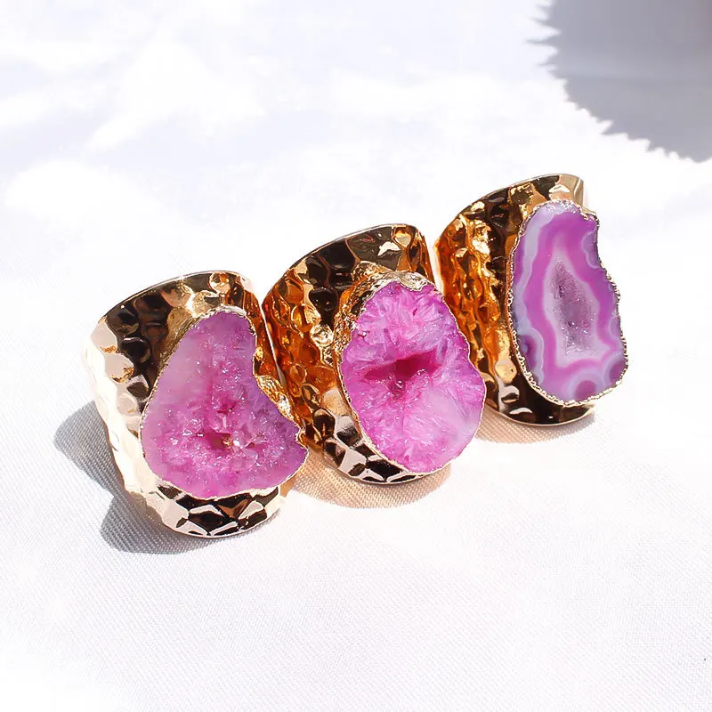 Agate Geode Charm Ring Women Natural Stone Gold Plated Cuff Adjustable Knuckle Ring Raw Crystal Rings