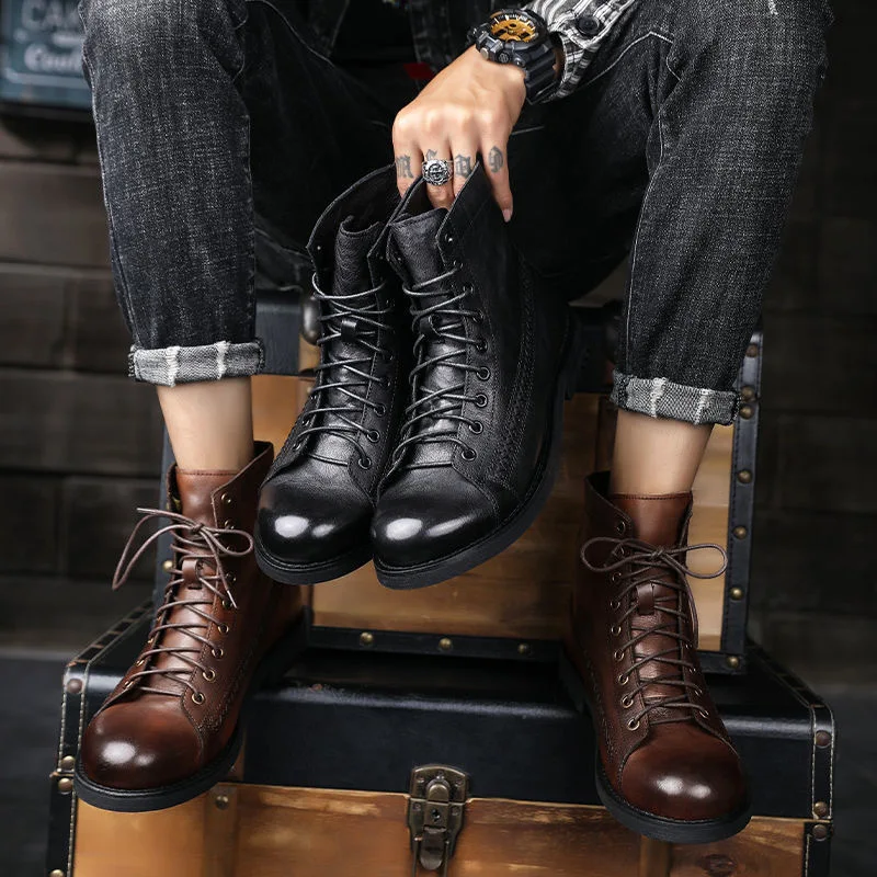 

Vintage Ankle Boots for Men British Style Brown Tooling Boots Luxury PU Leather Shoes High Top Motorcycle Man Botas Cowboy Boots