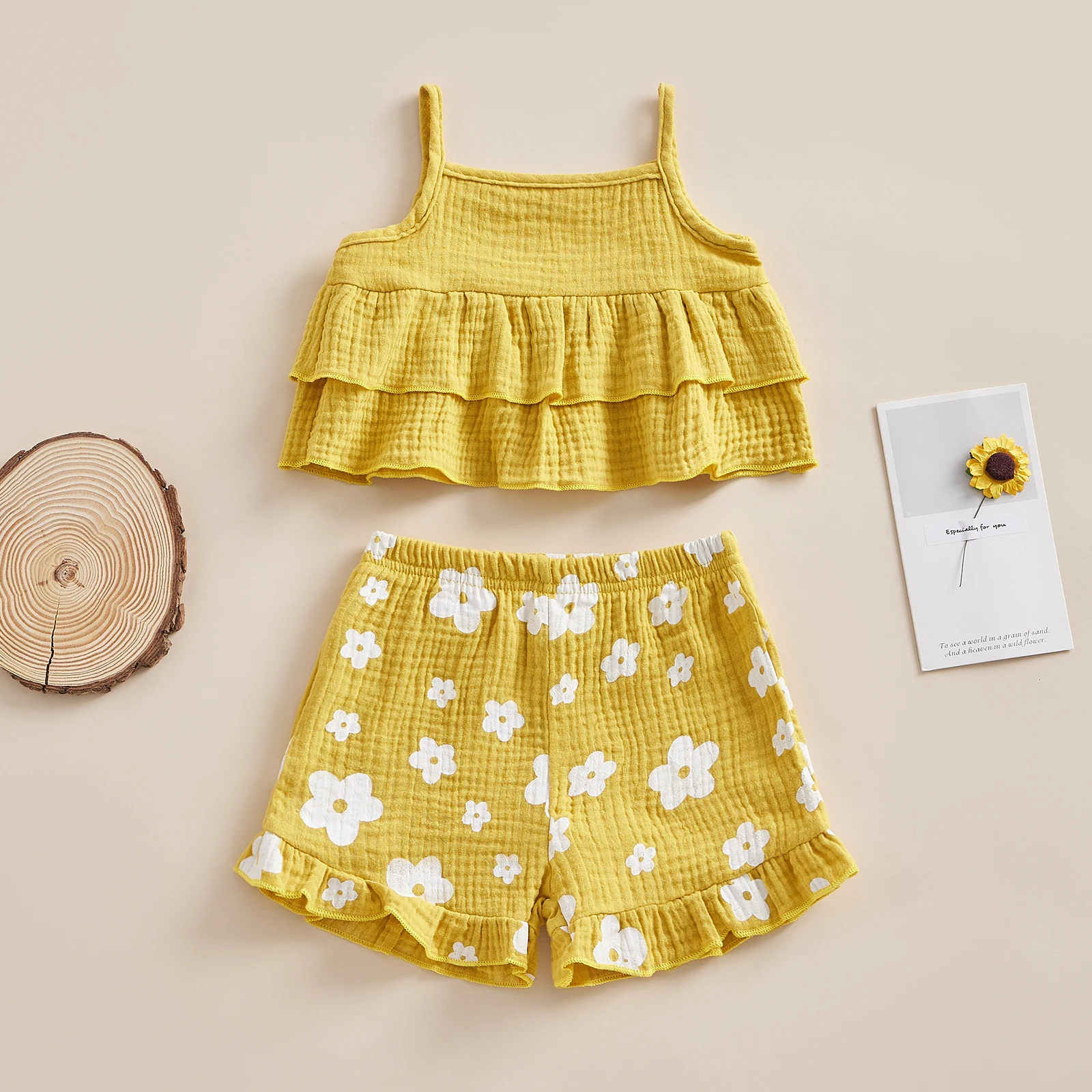 

2023 New Summer Kids Girls Clothes Set Square Neck Camisole with Elastic Waist Floral Print Shorts Casual Cotton Clothing Sets