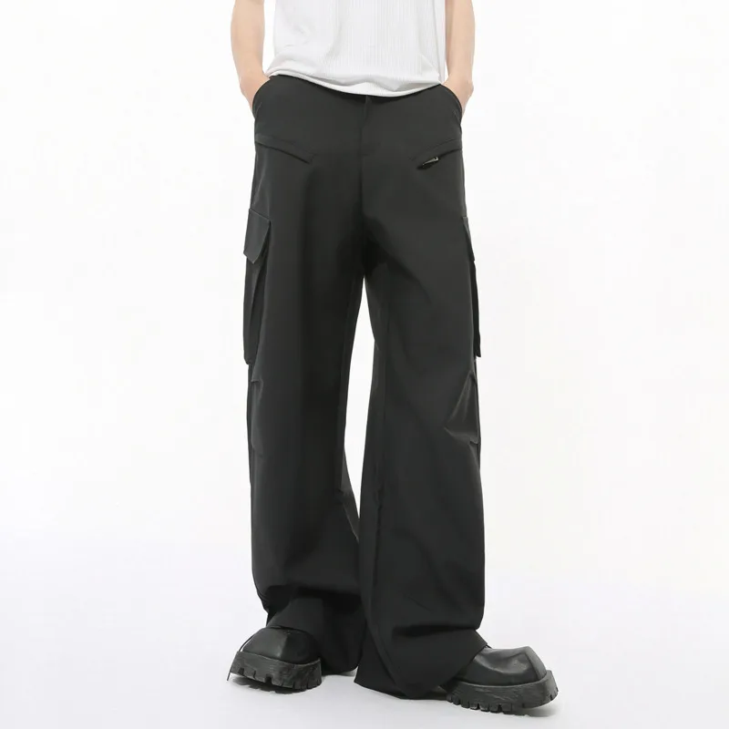 SYUHGFA Loose Multiple Pockets Straight Cargo Pants Wide Leg Casual Mid Waist Solid Color 2024 Winter Fashion Korean Style