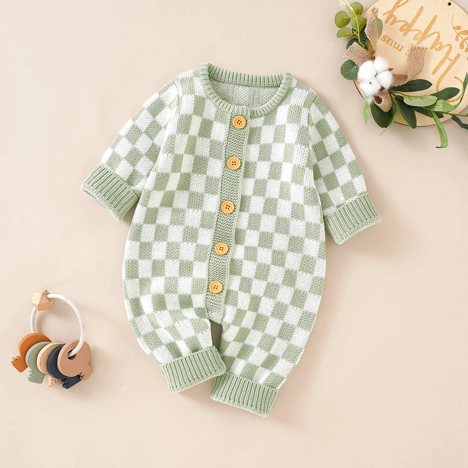 Infant Baby Girl Boy Knitted Sweater Romper Jumpsuit Checkerboard Plaid Print Long Sleeve Button Down Bodysuit Playsuits Clothes