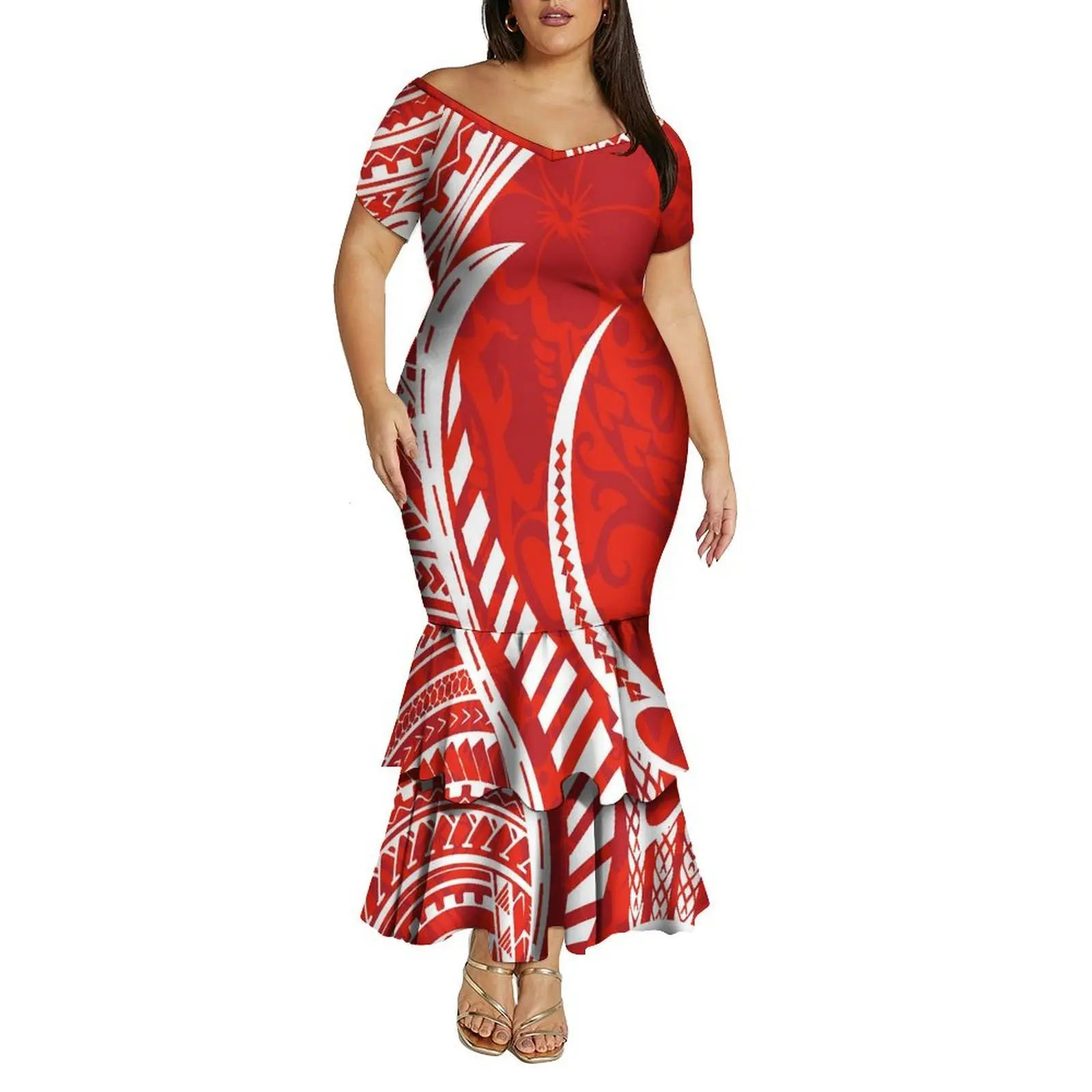 Vestido feminino de verão com decote em v, ombro de fora, camada dupla, rabo de peixe, polinésia, vestido de emagrecimento com padrão personalizado