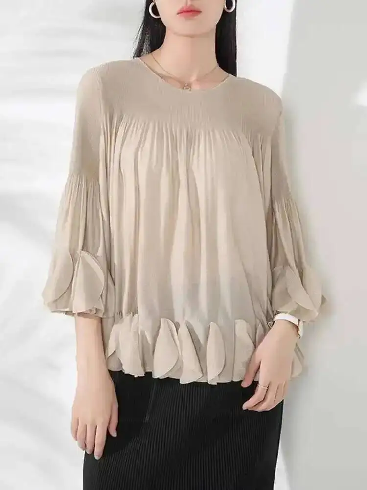 Pleated Ruffles T Shirt Women Round Collar A Line Loose Chic Style New 2026 Spring Female Niche Design Clothing 17GGZFM