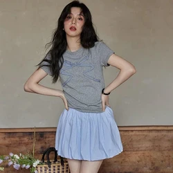 Summer O-Neck T-shirt Women New Solid Fashion Short Sleeve Sweet Grey Tees Simple Casual Streetwear Basic Knitted T-shirt Female