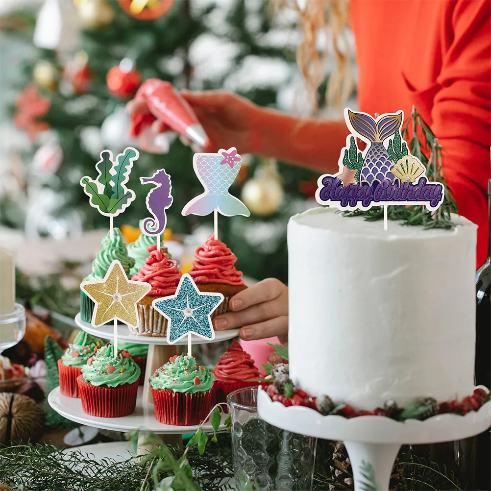 Mermaid Birthday Cake Topper Set 33pcs Food-Safe Paper Dessert Decorations for Party Cake Decoration