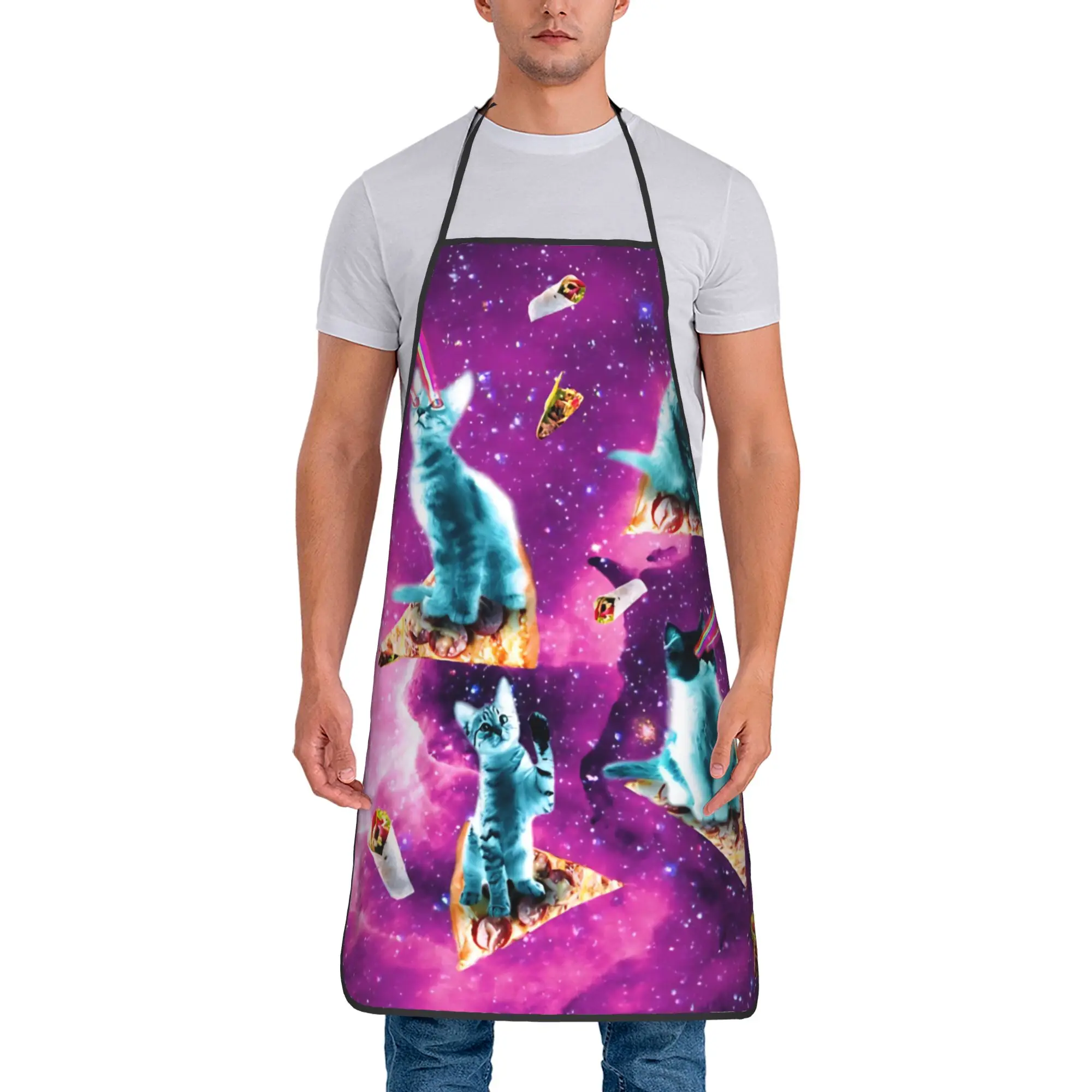 Outer Space Pizza Cat Rainbow Laser Eyes Bib Apron Oil-Proof Polyester  Kitchen Pinafore for Women Men Adult Breathable Camping