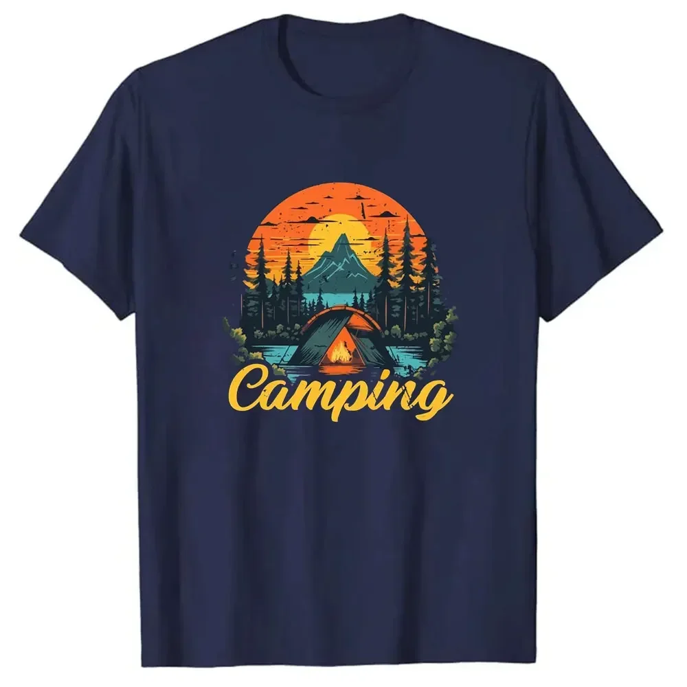 Mountaineering Camping Outdoor Adventure Travel T-shirt Sunset Mountain Tent Forest Printed Tees O-neck Casual Breathable Tops