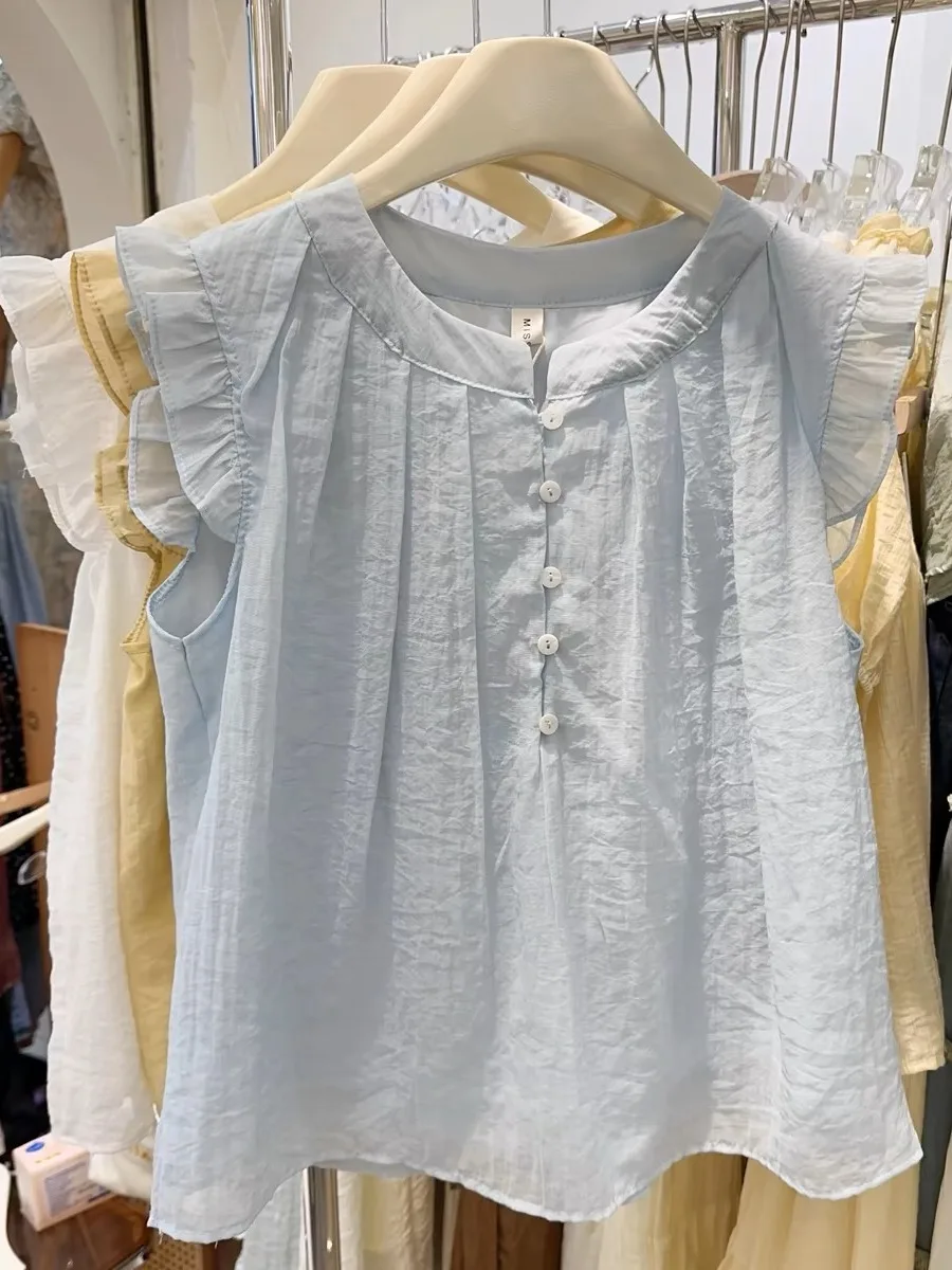 Nowa, jednolita, bawełniana lniana bluzka damska na lato, artystyczna, słodka, odmładzająca, w stylu lalki, luźny krój, casualowa, z okrągłym dekoltem.