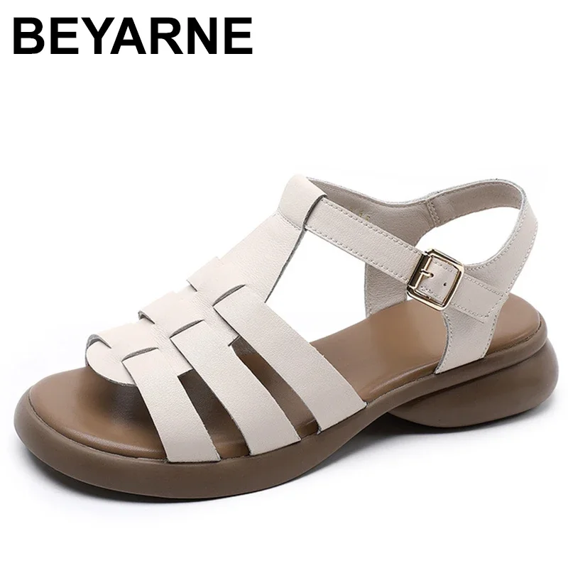 Women Sandals Retro Genuine Leather Luxury Roman Sandals Casual Buckle Strap Summer Shoes GLADIATOR Thick Heel Women Shoes