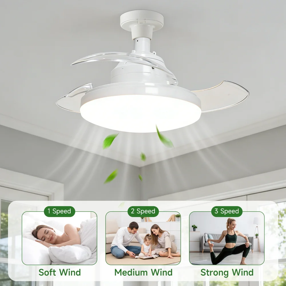 30W Invisible Ceiling Fan Light E27 85-265V 3 Color Changing 3000-6500K Dimmable LED Fan Lamp with Remote Control for Bedroom