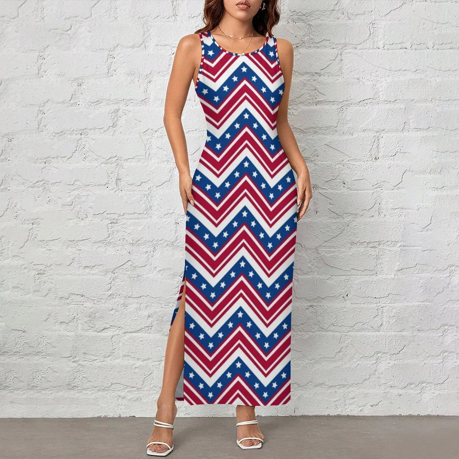 Womens Bodycon Dress Stylish Zigzag Stripes Maxi Dresses Summer White Stars Print Street Fashion Custom Dress Big Size 3XL 4XL