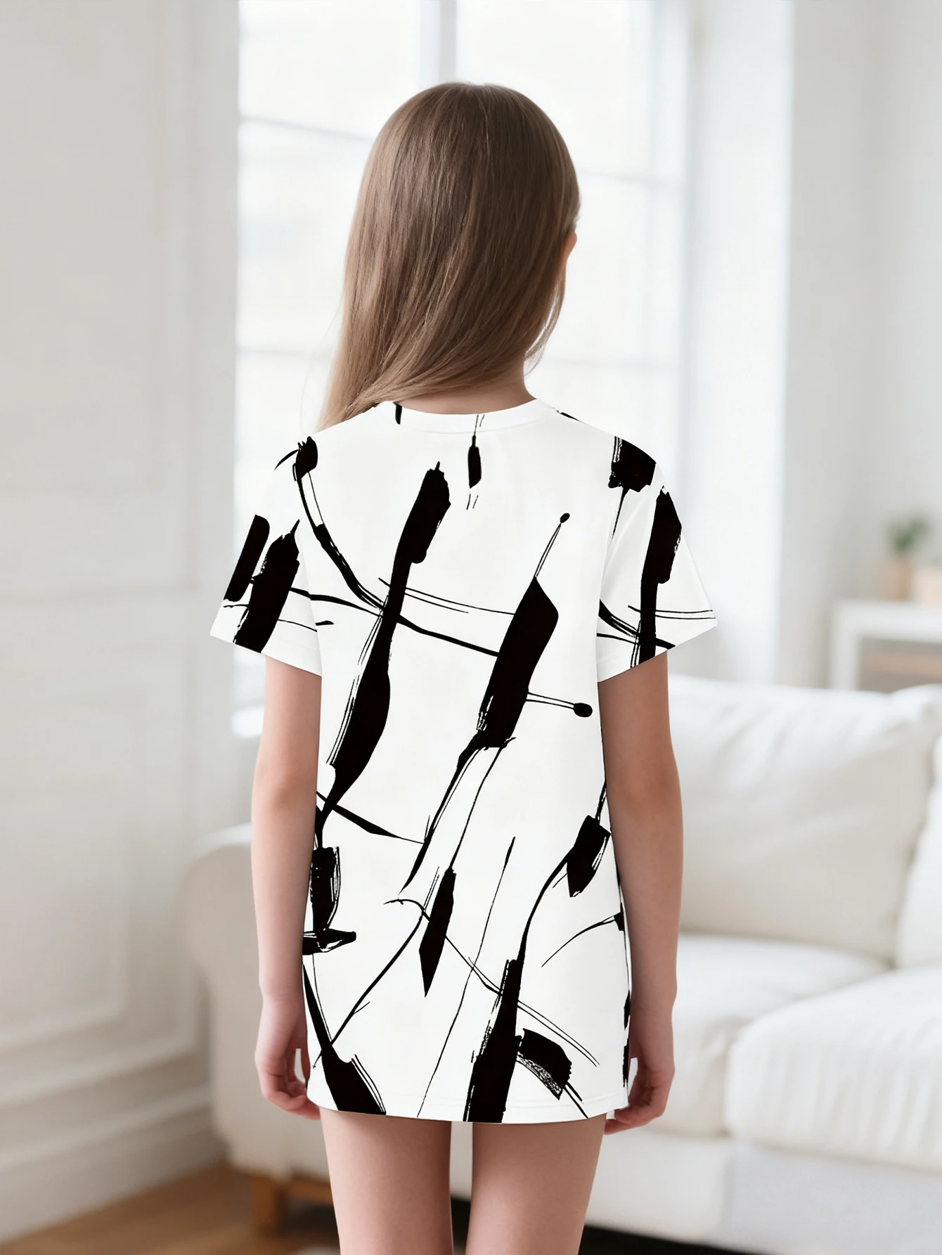2026 girls casual fashion black and white graffiti print short sleeve