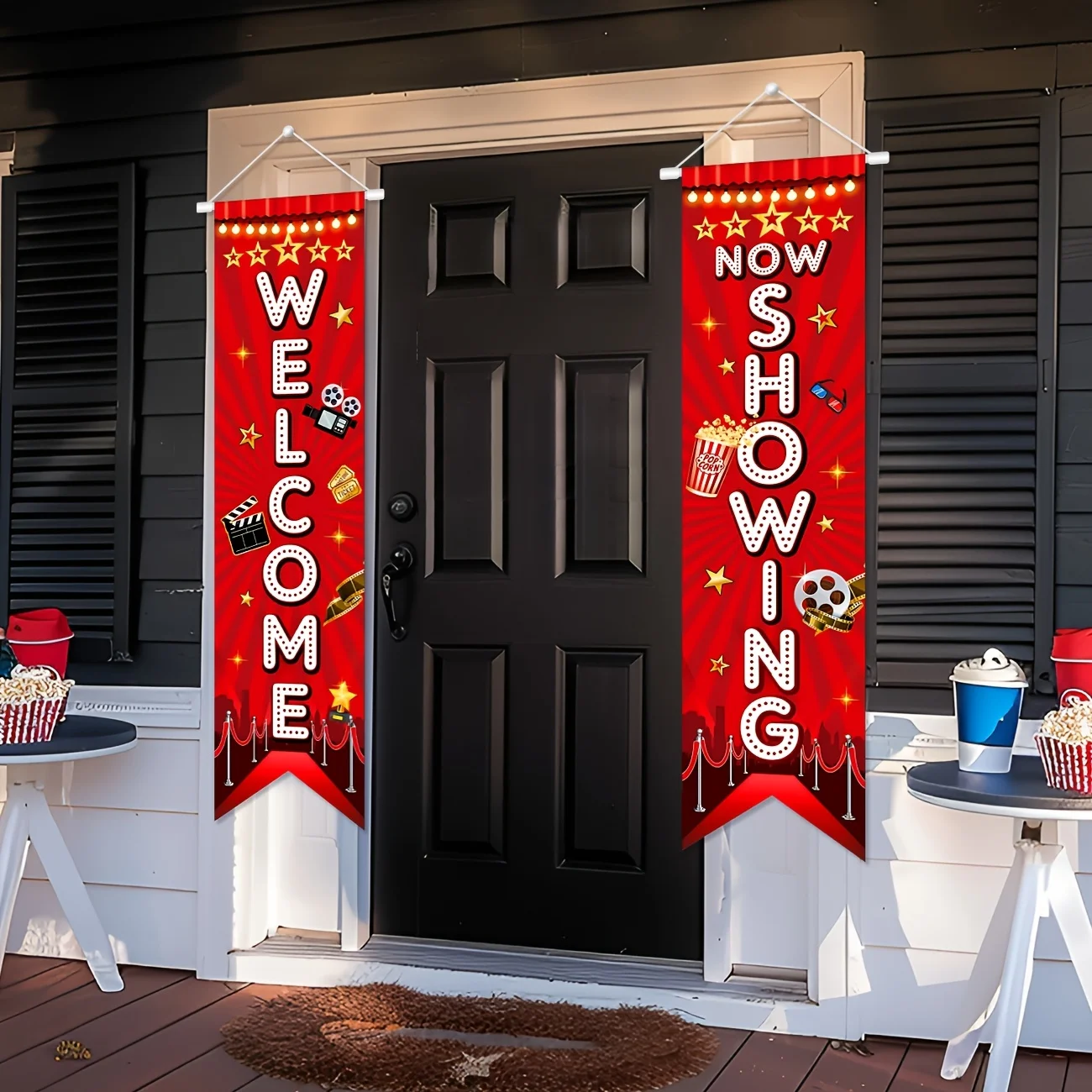 Movie Night Porch Sign Banner Red Neon Movie Theme Party Hanging Banner for Home Film Backdrop Movie Theater Welcome Now Showing