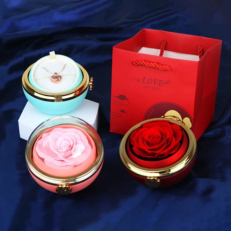 Valentine's Day Preserved Eternal Rose Rotating Gift Box Jewelry Box  Mother's Day Anniversary-Red (Jewelry not included)