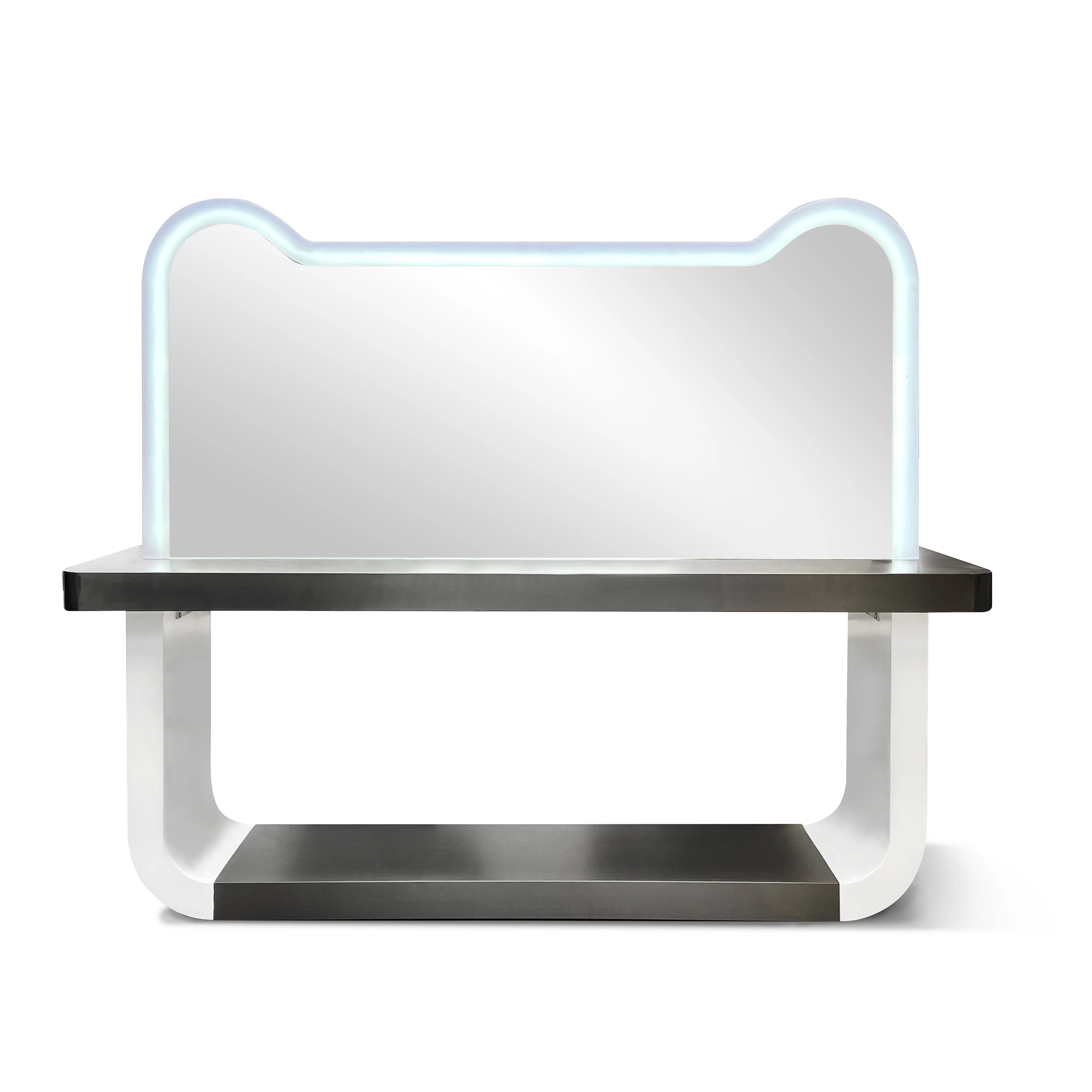 

Modern Design Commercial Furniture Popular Barbershop Barber Mirror with LED Light Stainless Steel Tabletop 1063C