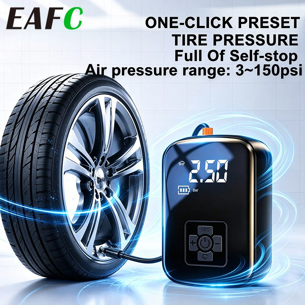 EAFC Portable Wireless Car Air Pump 30L/min High Flow Tire Inflator Digital Pressure Preset Auto Stop Air Compressor for Vehicle Bike Ball