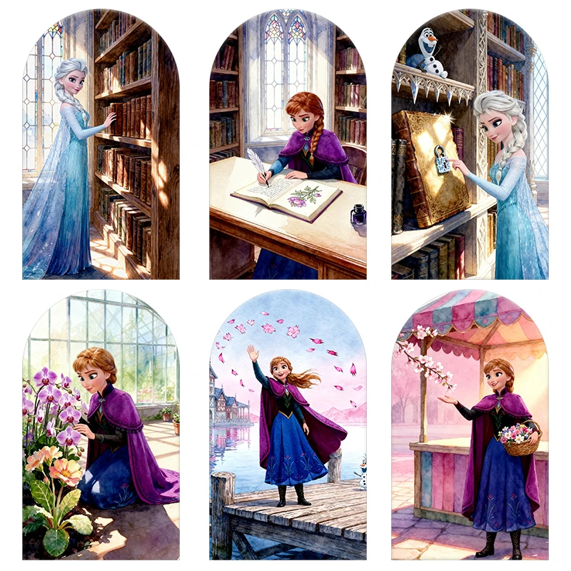 

Disney Frozen Elsa Anna & Olaf Arch Backdrop Cover Library Garden Market Scenes Style Birthday & Baby Shower Party Photo Booth
