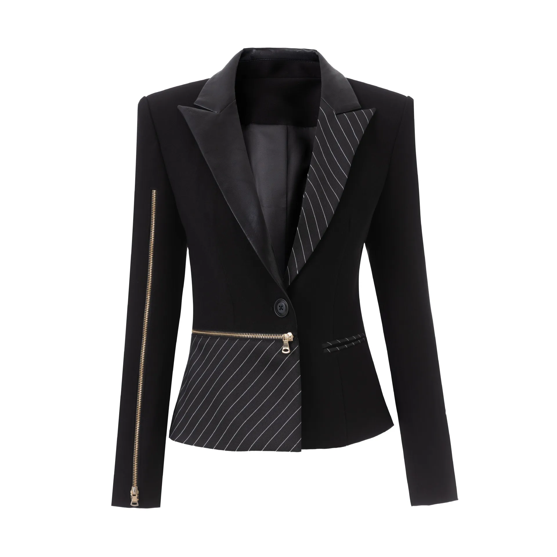 High-end contrast color striped suit women metal zipper decoration slim waist suit jacket outerwears ropa mujer blazer mujer