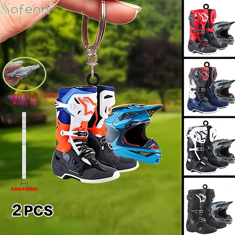 2PCS 2D Flat Motocross Keychain Motorcycle Helmet Keychain Accessories Bag Charms Motorcyclist Knight Car Keychains Keyrings