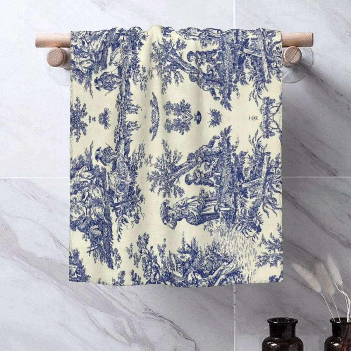 Custom Toile De Jouy Blue Towel Cotton French Navy Blue Motif Bathroom Shower Sports Yoga Towels