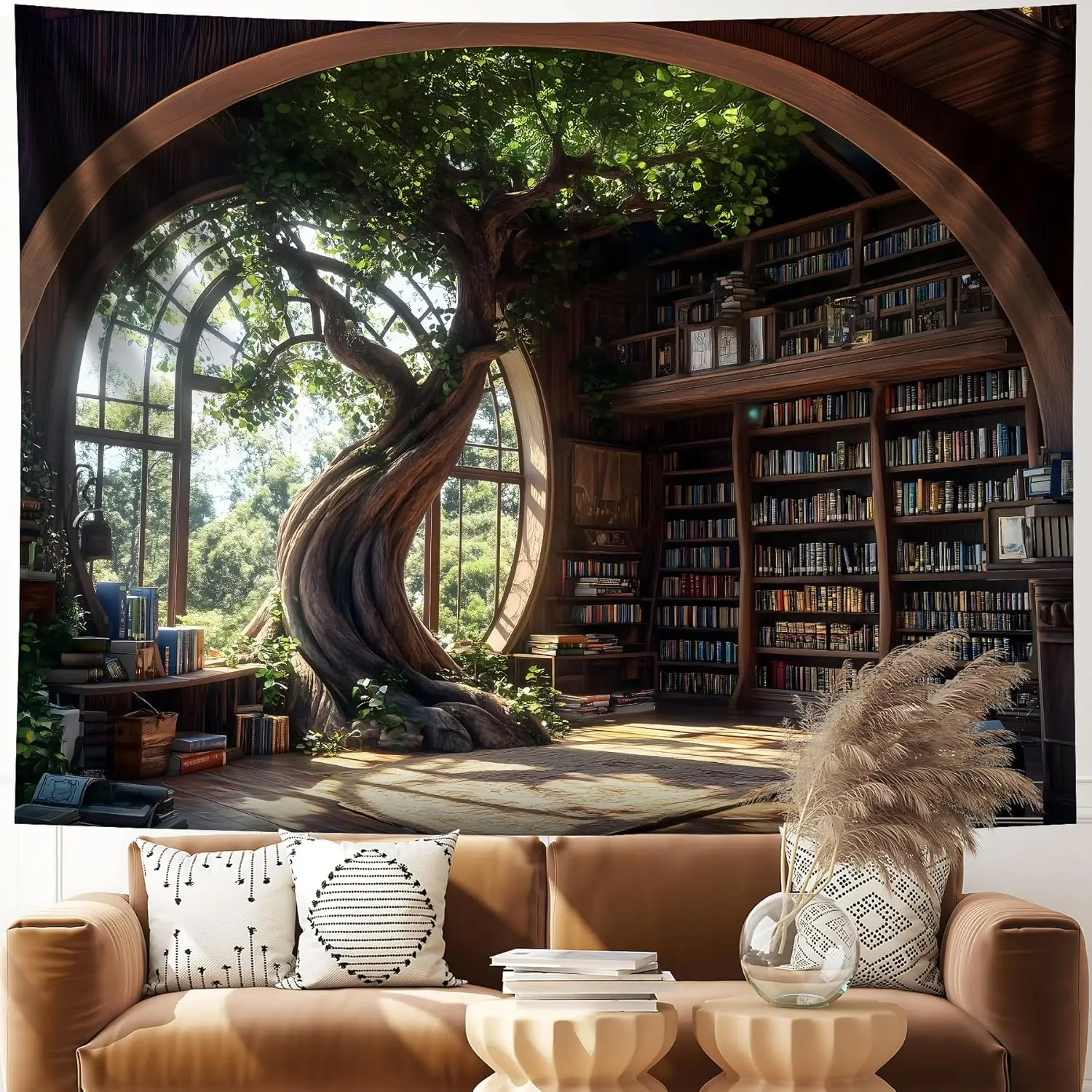 Magic School Bookshelf Tapestry Study Room Picture Large Book Tree House Medieval Tapestries Dorm Wall Art for Home Decor