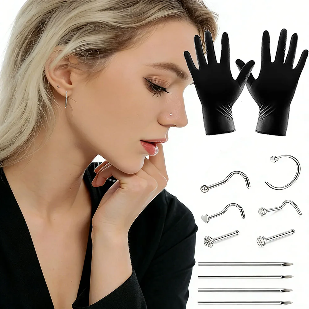 5pcs/15Pcs Nose Piercing Kit 20G Piercing Needles With 6Pcs Nose Studs Stainless Steel Jewelry For Nose Septum Lip Piercing