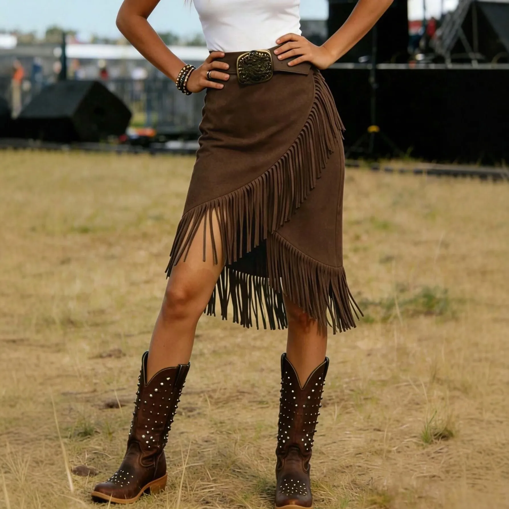 Slit Skirt Irregular Hem Slight Stretch Mid Length Belt with Artistic Retro Folk Style Women Skirt for Autumn Romantic Date