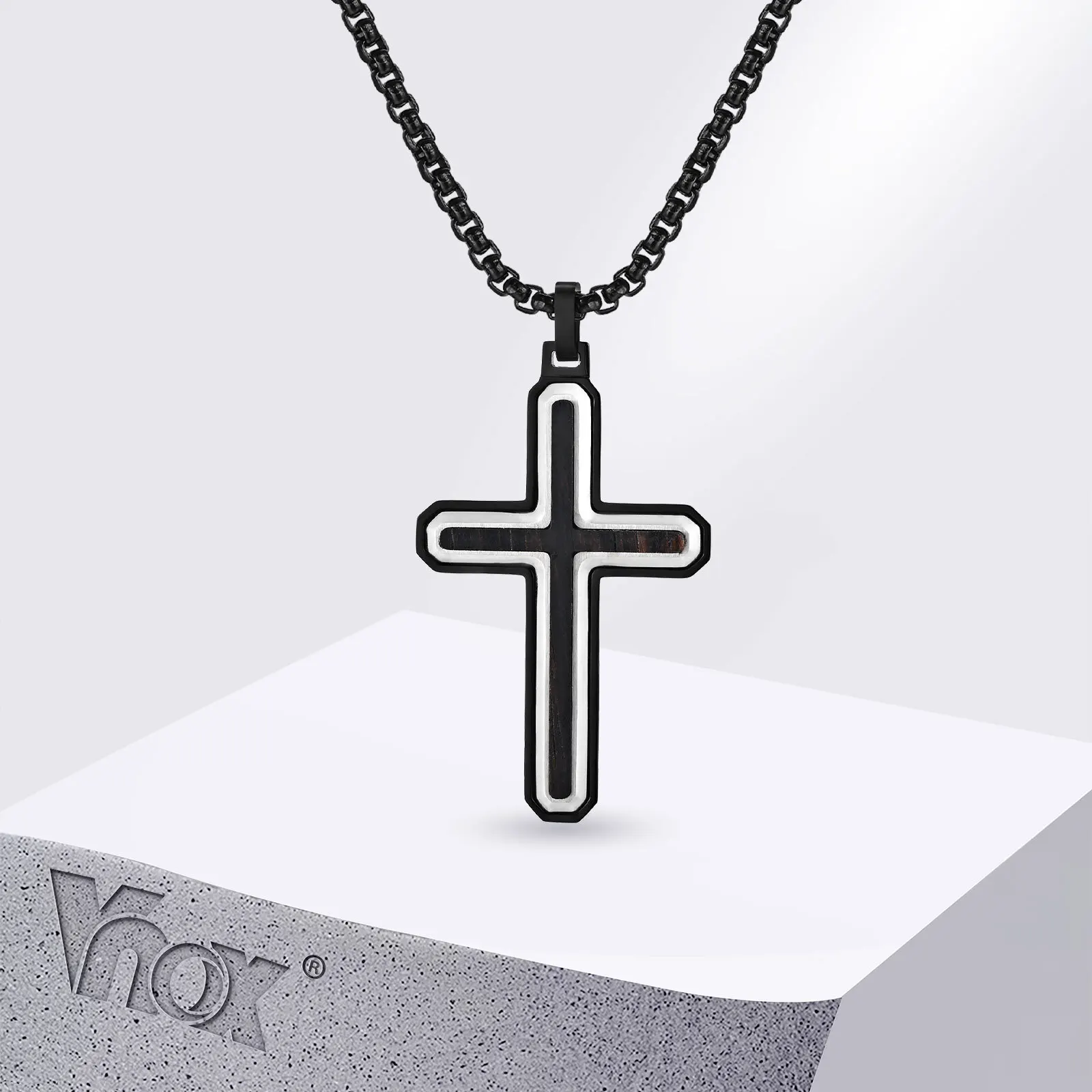 

Vnox Stainless Steel Two-color Cross Pendants Necklace, High-End Ebony Natural Wood Religious Necklaces, Jewelry Parents Gifts