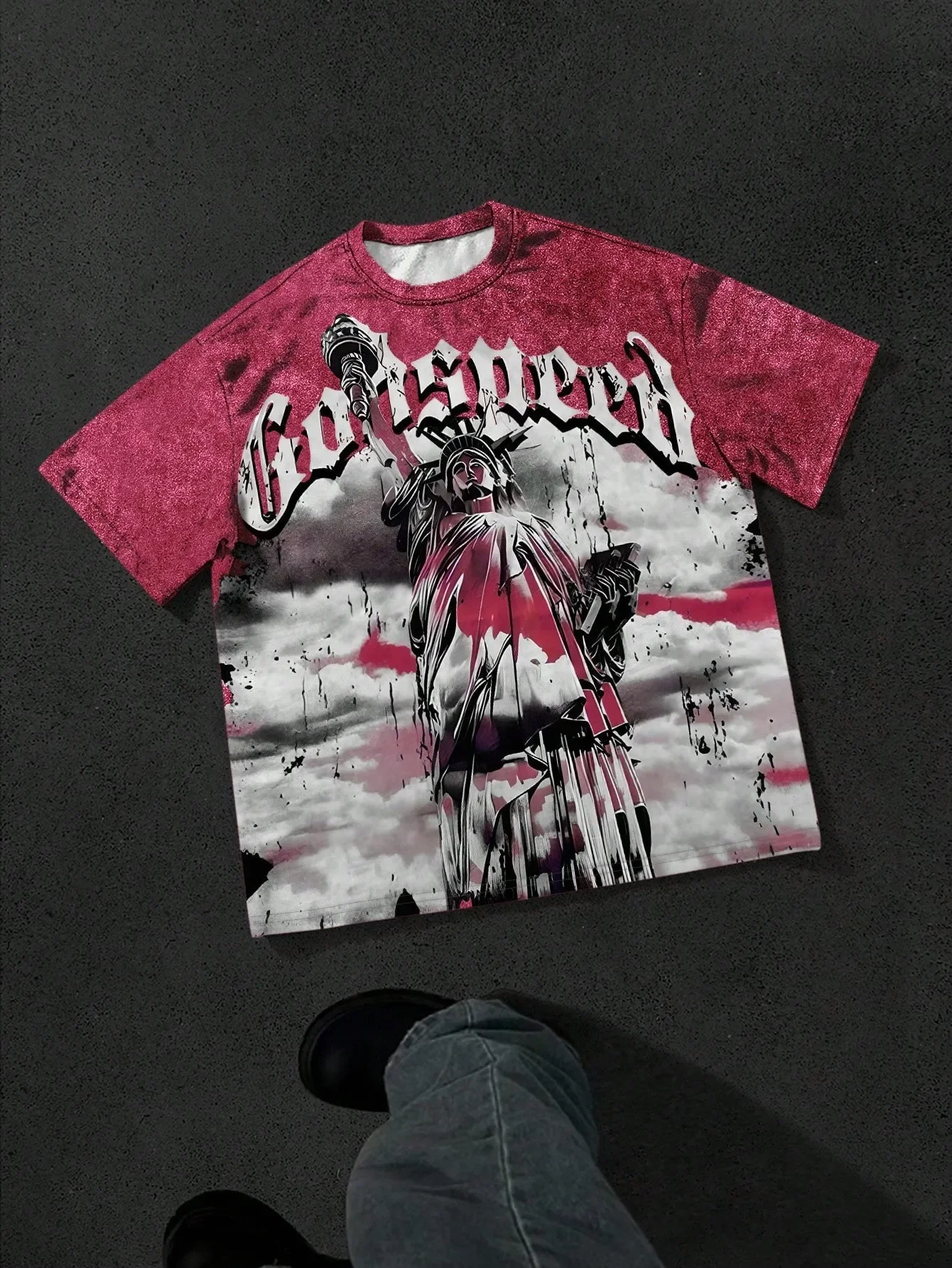 3D Printed Oversized Tshirt Mens Statue Liberty Gothic Vintage Wash Streetwear Red Black Graphic Short Sleeve Casual Hip Hop