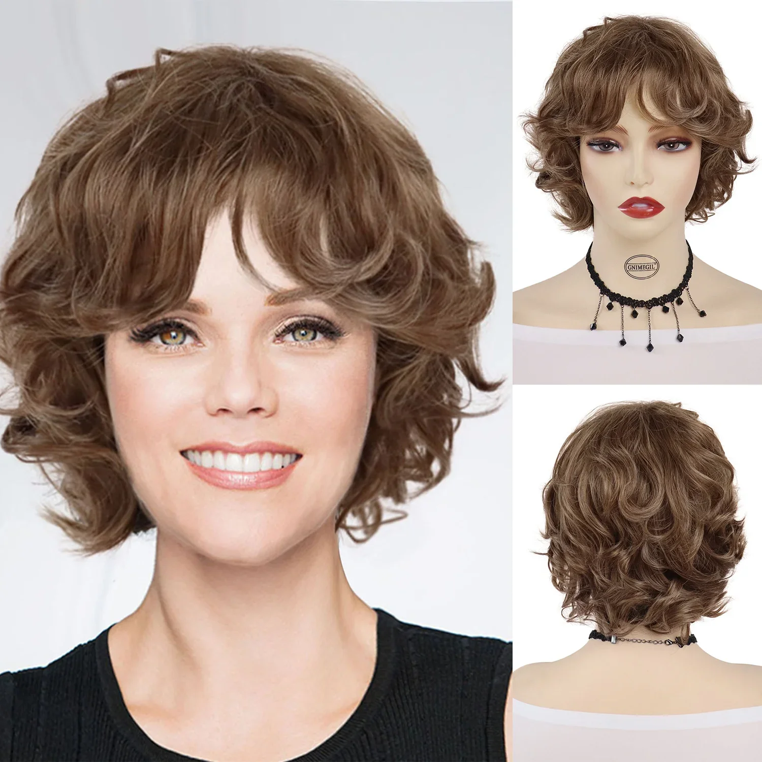 Synthetic Hair Curly Short Wigs for Women Brown Wig with Bangs Natural Hairstyles Mommy Wig Short Fluffy Wigs for Christmas Gift