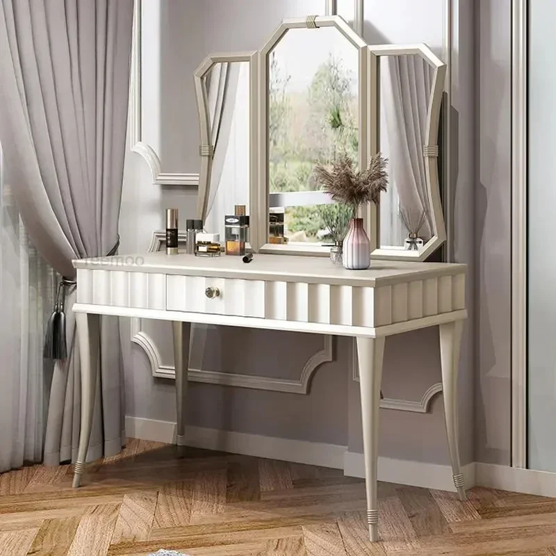 

American Style Dressing Table With Large Makeup Mirror Makeup Stool Bedroom Furniture Wooden Modern High-End Makeup Table