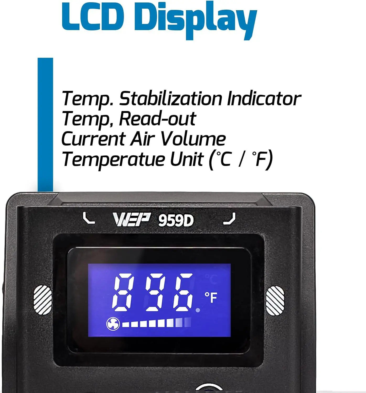 959D 열풍 SMD 납땜 리워크 스테이션 (퀵 체인지 노즐 포함, 5개 노즐, 온도 조절 기능) ° C/ ° F, 버저