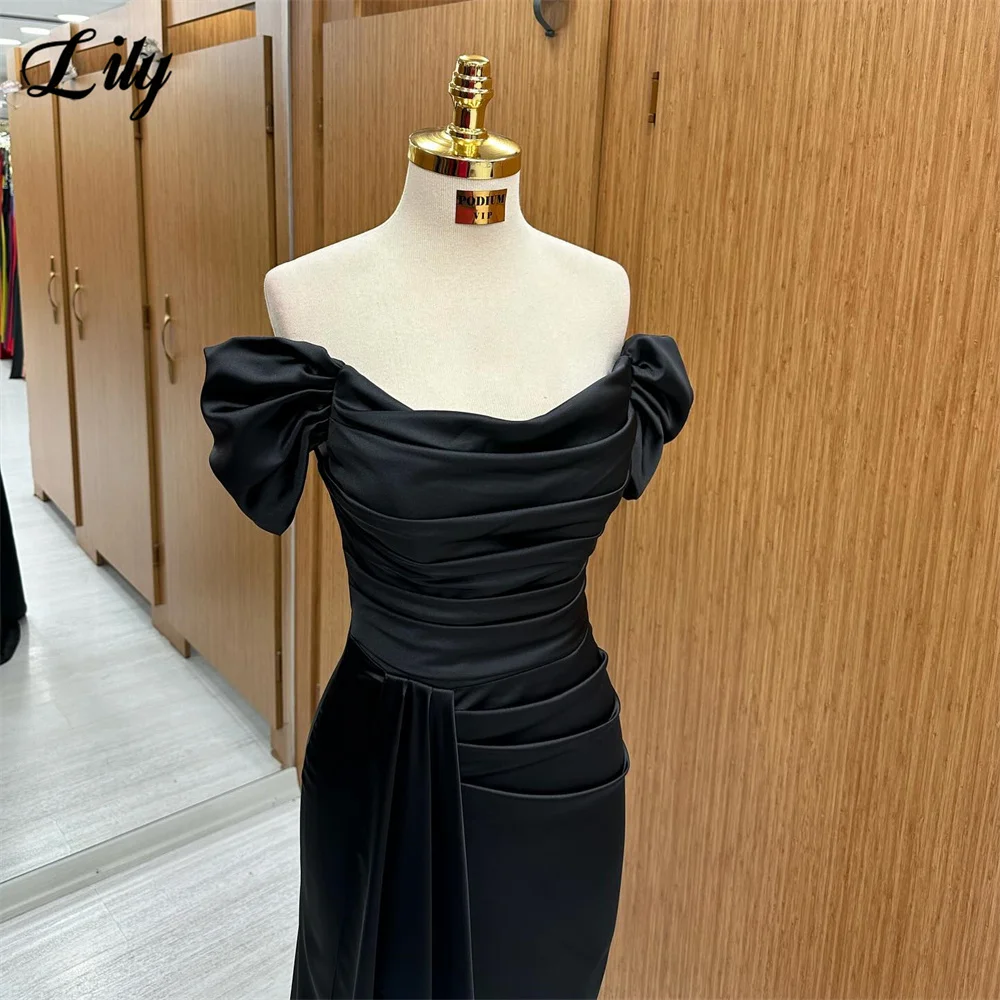 Lily Black Evening Dress Off The Shoulder Prom Dress Strapless Mermaid Satin Party Dress With Ruffled Sleeves Robe De Soirée