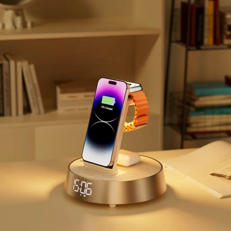 

6-In-1 wireless charging station night light portable speaker with alarm clock and FM radio digital product