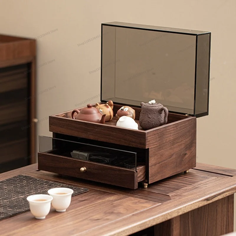 FOR Tea Set Storage Cabinet Teacup Teapot Dust Locker Cosmetics Jewelry Box Desktop Display Cabinet Walnut Tea