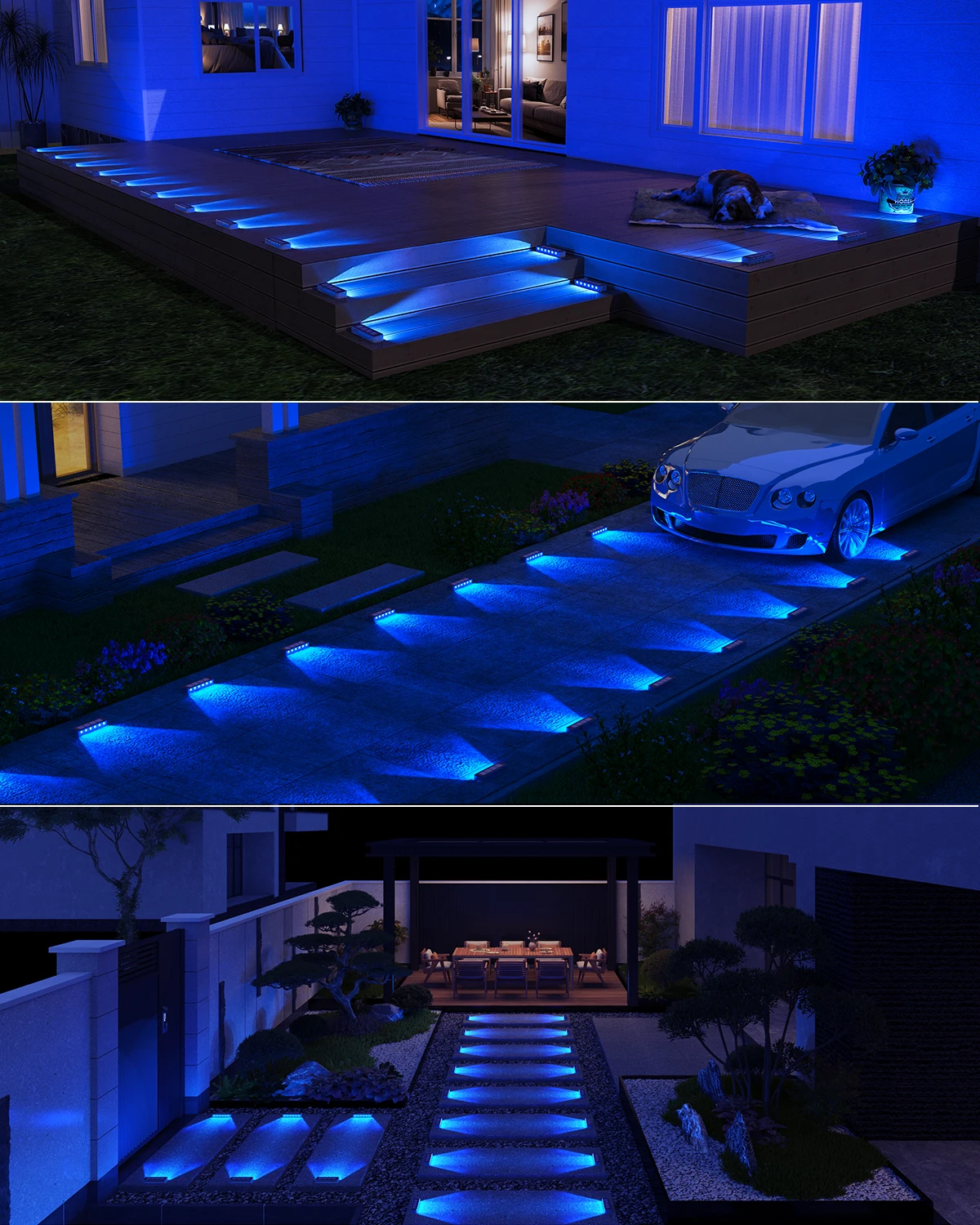 Yilaie LED Solar Step Lights for Outside 4 Pack Solar Stair Lights Blue Solar Deck Lights Waterproof IP68 Solar Pathway Lights