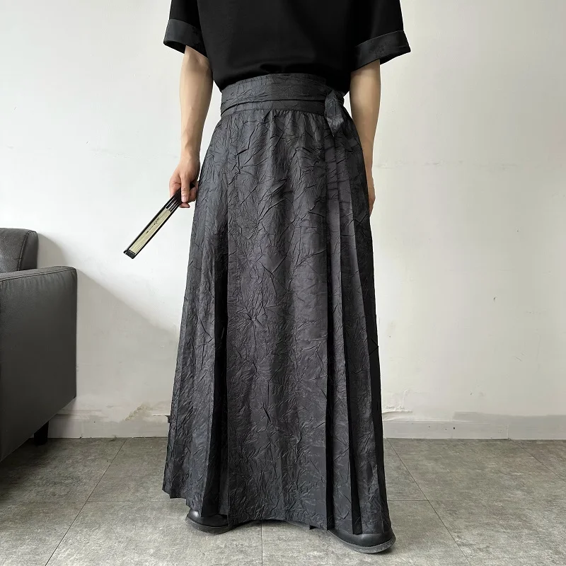 

k Retro Chinese Sle Pleated 3D Texture Embroidery Hanfu Pants High Waist Skirt Men Women Casual Loose Fit Polyester