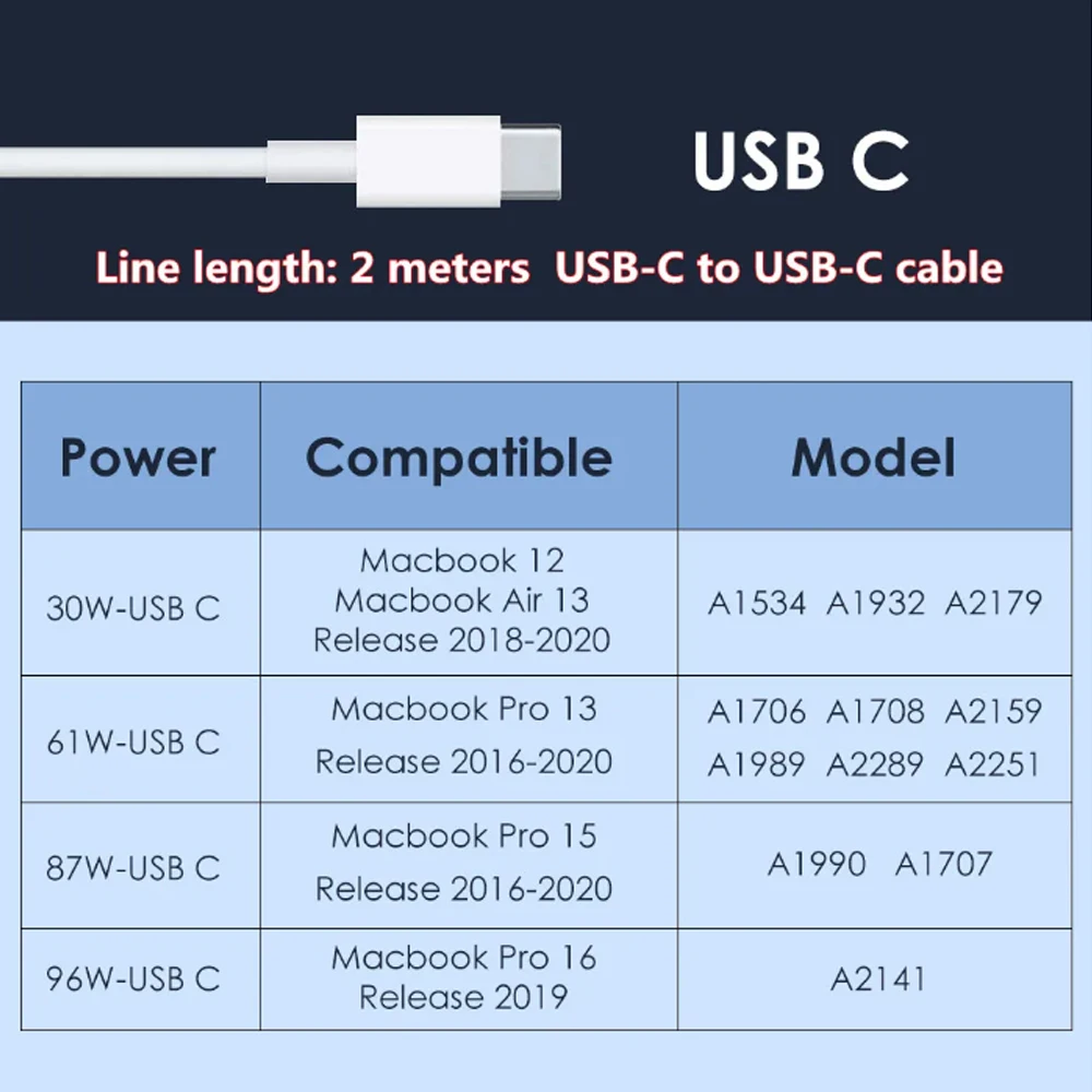Tipo-C Carregador Rápido para MacBook Pro, carregador de parede, USB-C PD, Laptop Power Adapter, 2m cabo de carregamento, 100W, 13 polegadas, 16 polegadas, Laptops