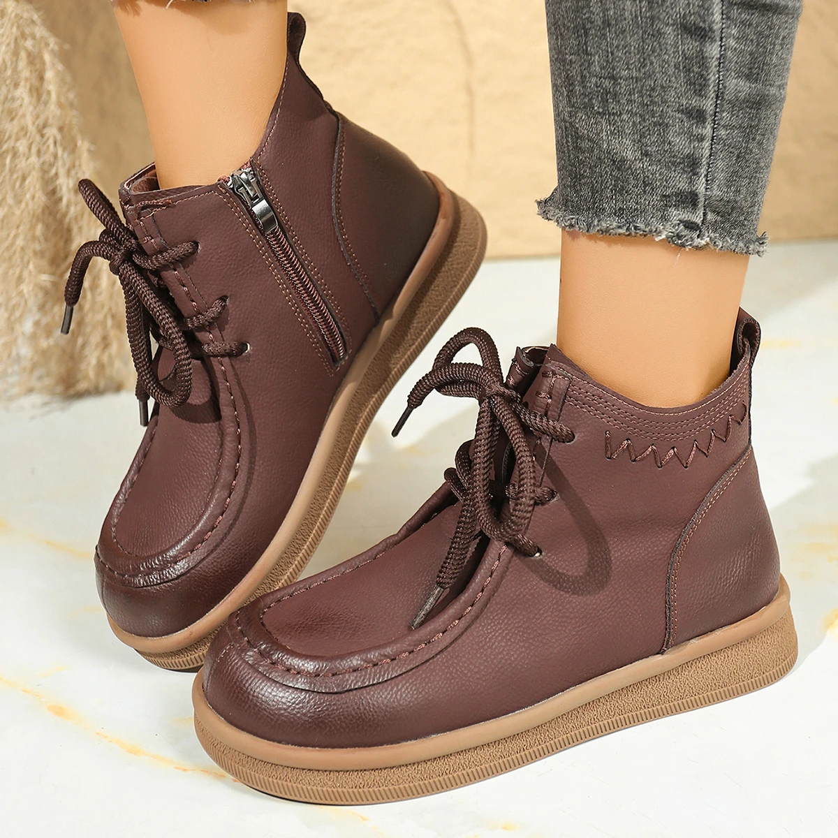

Women Round Toe Ankle Boots Casual Flat Lace Up Leather Shoes Woman Comfortable Non Slip Autumn Winter Short Boots Zip Sneakers