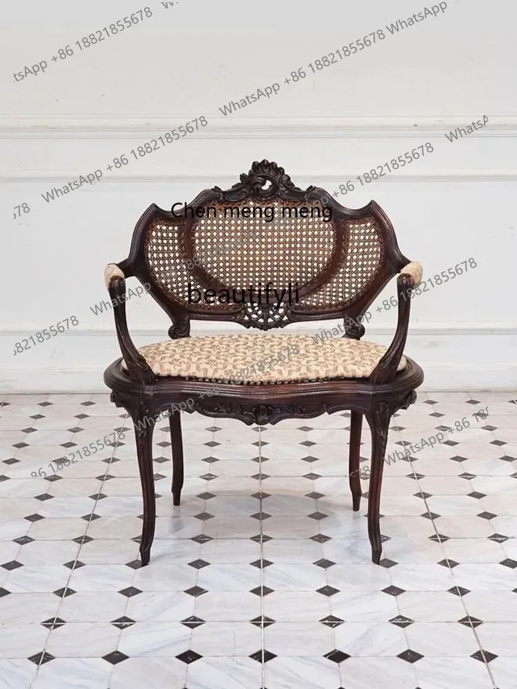 

X R Medieval solid wood carving flower retro single rattan chair, Nordic villa high backrest living room casual sofa chair R
